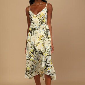 Lulus Wild Flowers Cream Floral Print Wrap Midi Dress Beige - Size XS